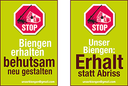 Zwei Plakate: behutsam neu gestalten, Erhalt statt Abriss